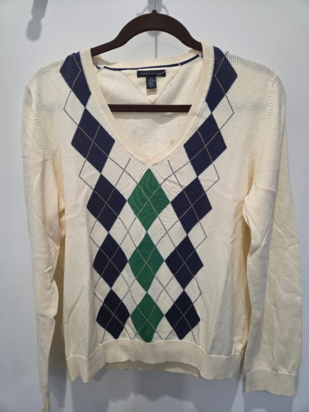 Tommy Hilfiger Women's Ivory, Navy & Green Argyle V Neck Long Sleeve Sweater  XL